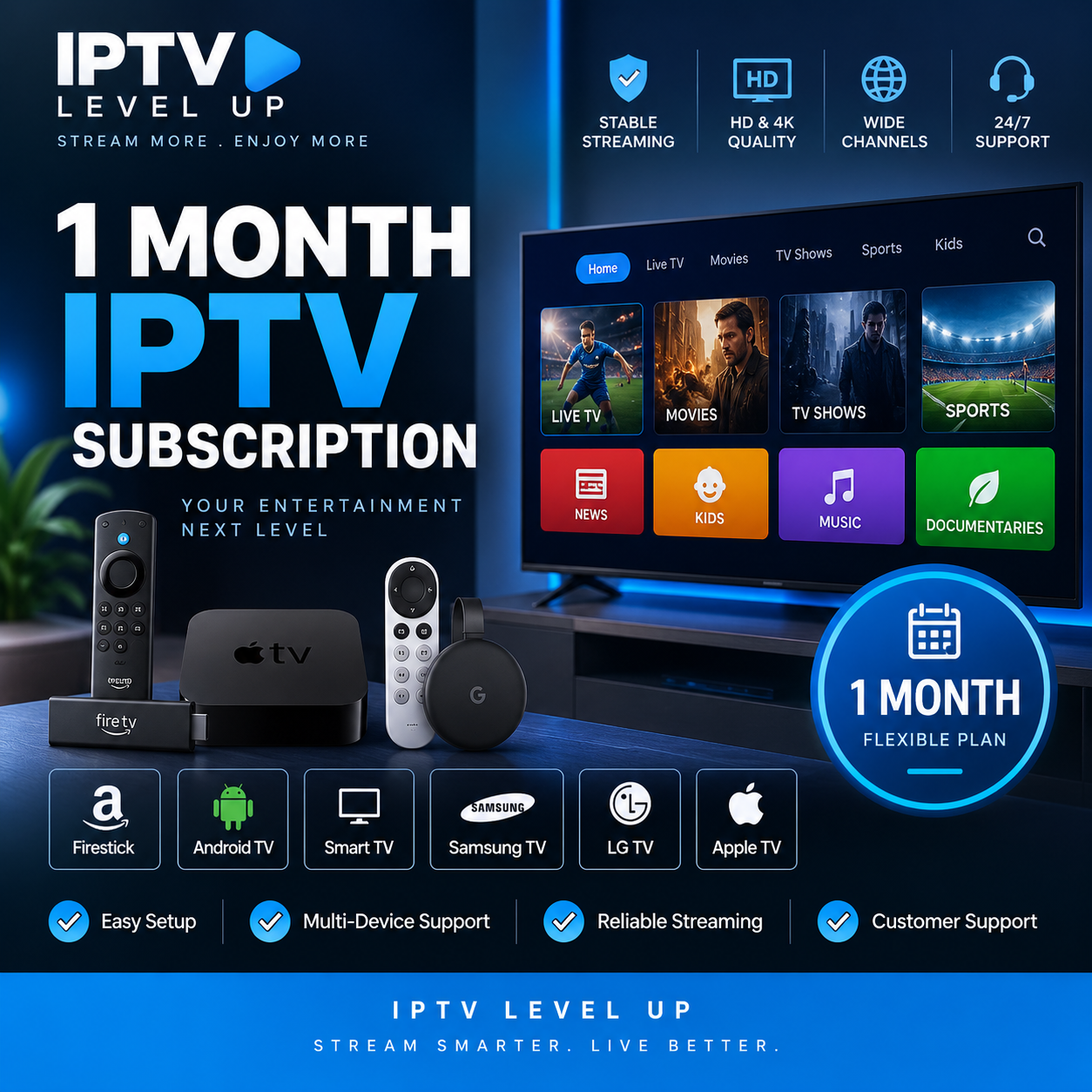 1 Month IPTV Subscription | Flexible Monthly Plan | IPTV Level Up